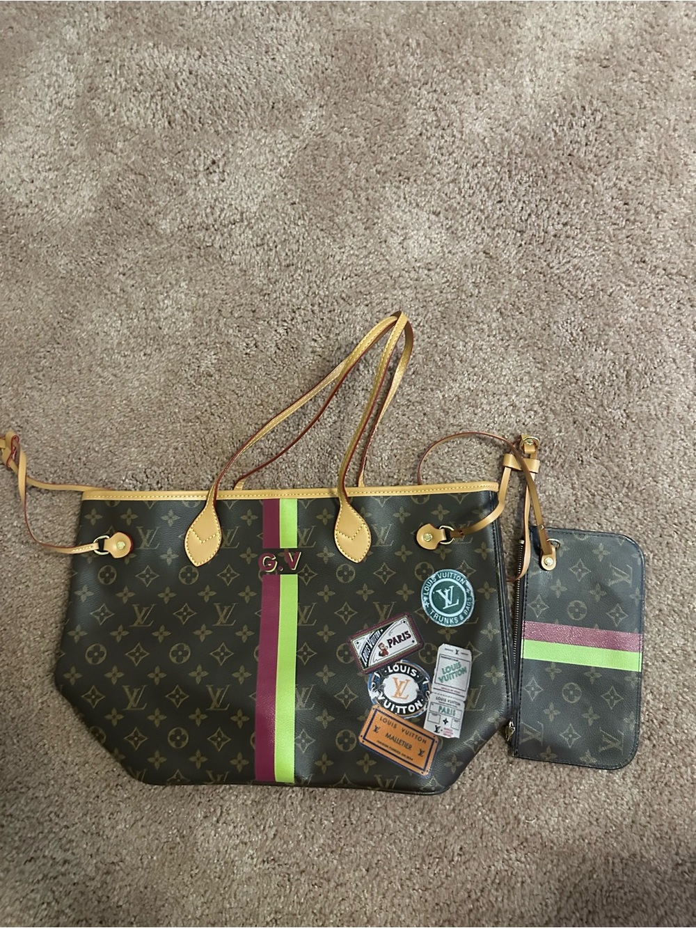 Louis Vuitton Monogram Tote with Green and Pink Center Stripe